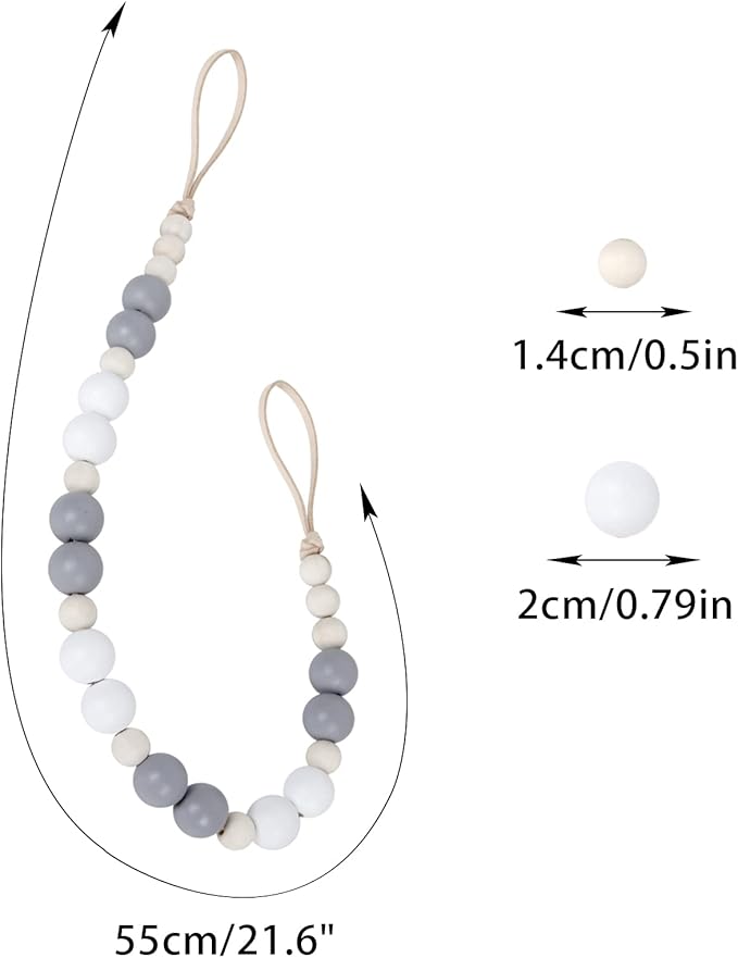 2 Pieces Wood Bead Curtain Tieback Boho Curtain Tiebacks Curtain Holdbacks for Wall Curtain Ties Window Treatment Curtain Tie Backs with Hooks for Nursery Decor Boho Decor(White, Grey, Wood Color, 2)