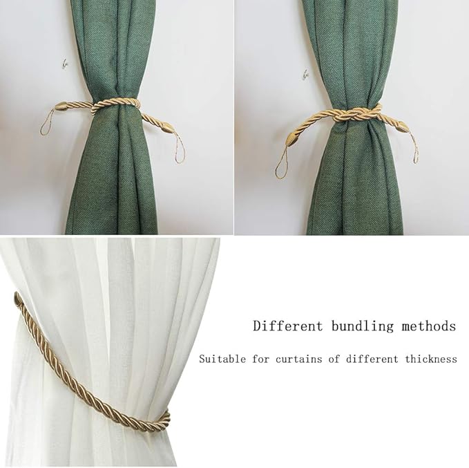 BEL AVENIR Curtain Rope Tiebacks, Drapery Rope Holdbacks with 4 Metal Screw Hooks, 2 Pair - Golden