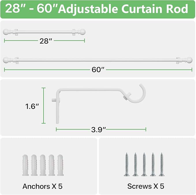 2 Pack White Metal Curtain Rods, 28-60 inch, Heavy Duty, Adjustable, Wall Mounted, Set of 2