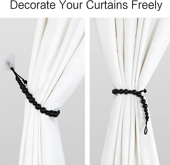 4 Pieces Wood Bead Curtain Tieback Boho Curtain Tiebacks Curtain Holdbacks for Wall Curtain Ties Window Treatment Curtain Tie Backs with Hooks for Bedroom Wall Dining(Black Color, 4)