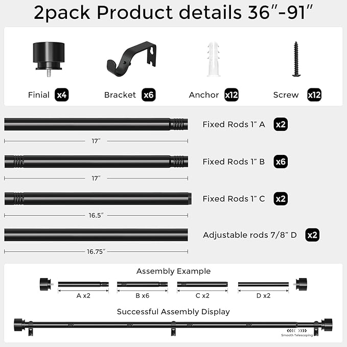 2 Pack Curtain Rods for Windows 48 to 84 Inch, Black Modern 1 Inch Window Treatment Rods with Black End Cap Finials, Decorative Adjustable Heavy Duty Easy Install Drapery Rods for Bedroom