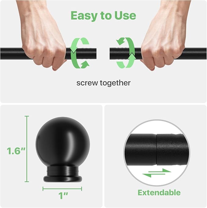 2 Pack Black Metal Curtain Rods, 28-60 inch, Heavy Duty, Adjustable, Wall Mounted, Set of 2