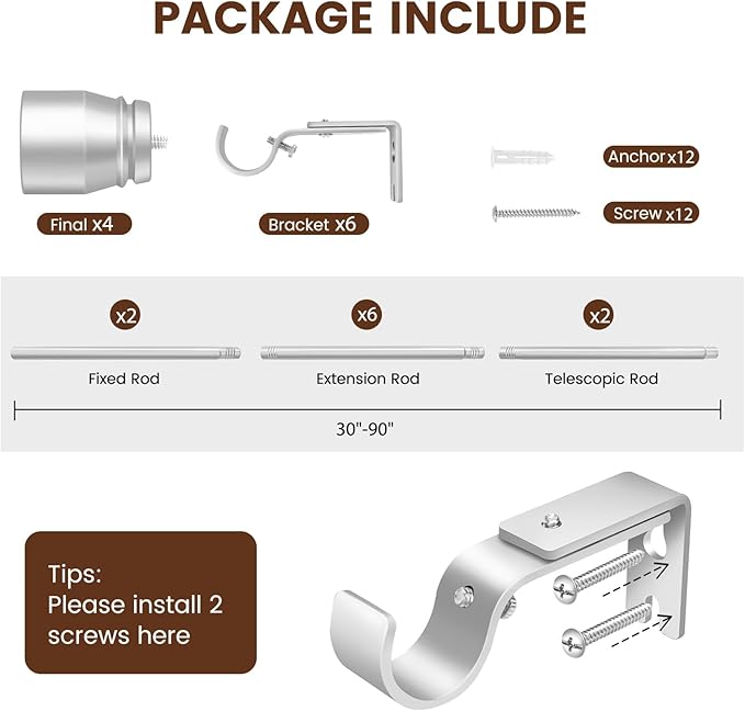 1” Diameter Silver Curtain Rod Itself is 30-90 Inch 2 Pack, Fit 30 to 84 Inch Windows with Heavy Duty Adjustable Telescopic Rod，Splicing Metal Extra Long Curtain Rod for Windows