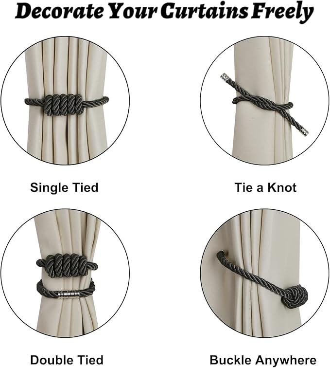 BEL AVENIR Magnetic Curtain Tiebacks, Decorative Drapery Holdbacks Modern Woven Tie-Backs with Exquisite Knot (Charcoal, 6 Pack)