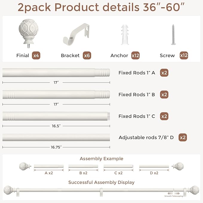 2 Pack Antique White Curtain Rods for Windows 30 to 56 Inch, Adjustable Vintage Decorative 1 Inch Heavy Duty Curtain Rod, Rustic Farmhouse Drapery Pole with Boho Netted Texture Flower Finials