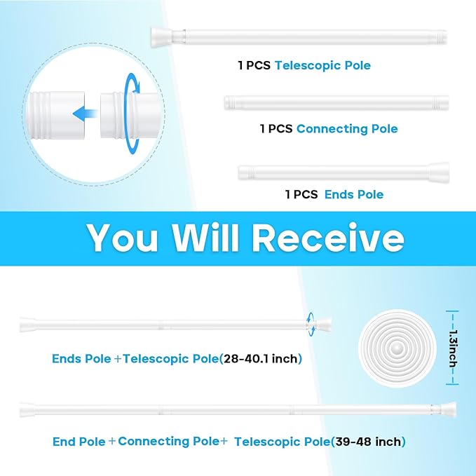 AIZESI 2pcs Spring Tension Curtain Rod 28 to 48 Inch,White Tension Rod Adjustable Curtain Rod Non Slip Curtain Tension Rod No Drill Spring Curtain Rod for Window?Bathroom?Doorway