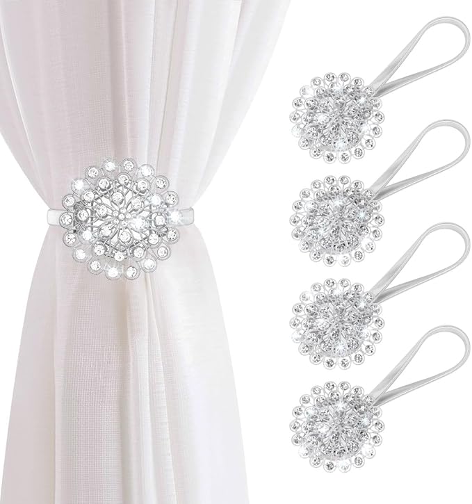 AULEEP Magnetic Curtain Tiebacks, 4 Pack Magnetic Crystal Decorative Drapes Curtain Clips Buckle, Flower Curtain Tie Back, European and American Style (Silver)