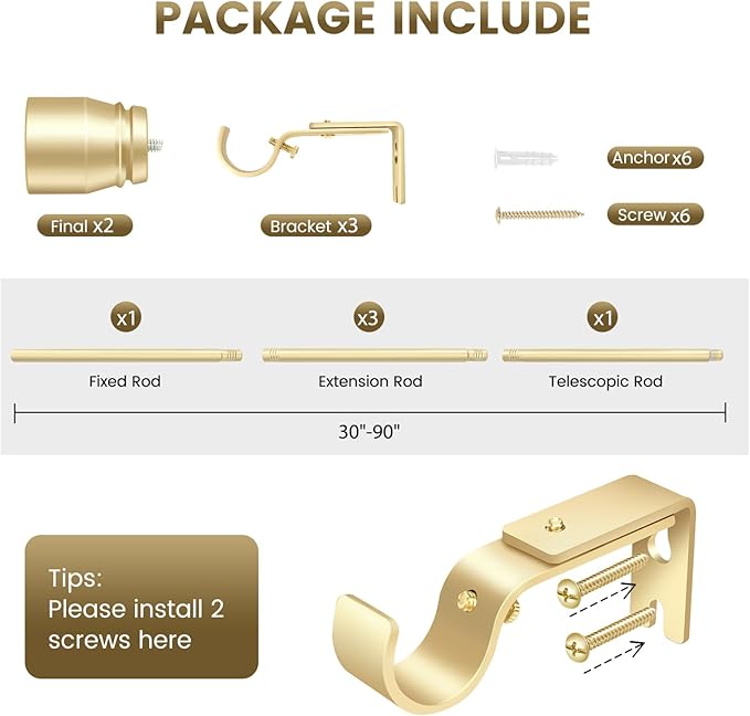 1” Diameter Gold Curtain Rods Itself is 30 to 90 inch, 1 Pack Fit 30-84 inch Windows with Heavy Duty Adjustable Rod 1 Inch Diameter Splicing Metal Extra Long Curtain Rod