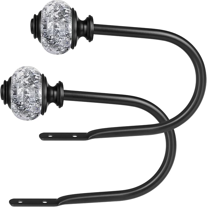 2 Pack Black Curtain Holdbacks, USFOOK Decorative Drapery Tiebacks (2 Pack/1 Pair), Curtain Tie Back Hooks for Wall with Translucent Finials (6.1" L x 4.1" W)