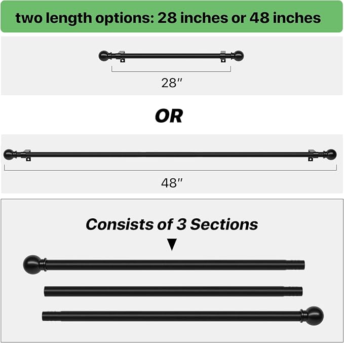 2 Pack 28-48 inch Black Metal Wall Mounted Curtain Rod Set with Brackets, 5/8" Adjustable Small Curtain Rods for Bedroom, Kitchen, Living Room, Grommet Curtains