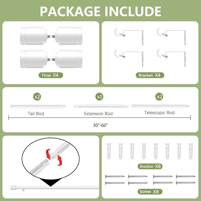 5/8” Diameter Curtain Rods 30-60 Inch, for 30-54 Inch Windows, Adjustable Splicing White Curtain Rods for Windows with Brackets, Window Rod Long Small Curtains Rod, 2 Pack