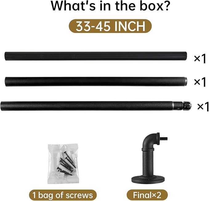 2 Pack Industrial Curtain Rods for Windows 28 to 48 Inches, Blackout Wrap Around Curtain Rod, for Indoor and Outdoor, 5/8 Inch Diameter, 33 to 45 Inches, Black
