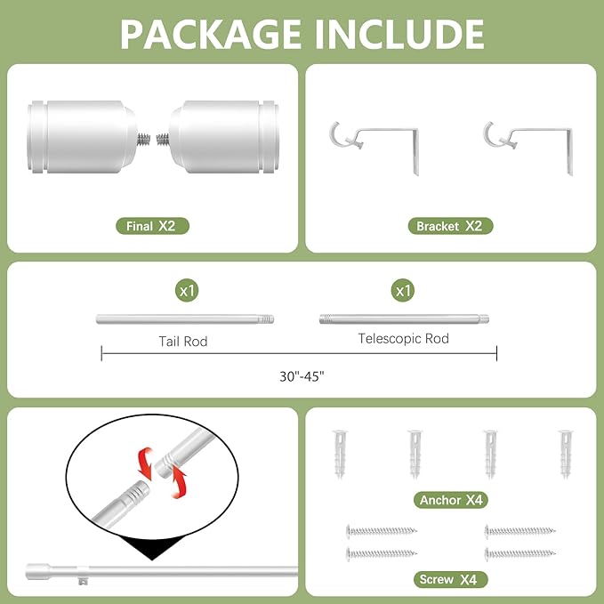 5/8” Diameter Curtain Rods 30-45 Inch, for 30-39 Inch Windows, Adjustable Splicing Silver Curtain Rods for Windows with Brackets, Window Rod Long Small Curtains Rod