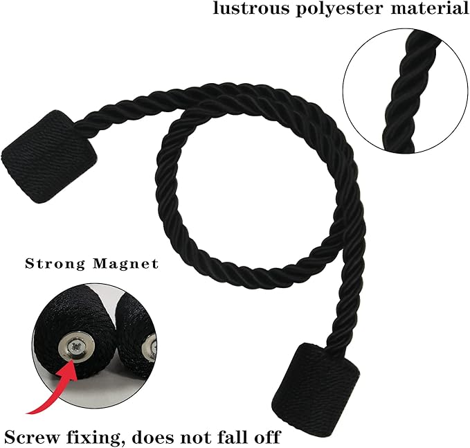 2 Pack Black Strong Magnetic Curtain Tiebacks Outdoor Elegant Decorative Tie Backs Modern Rope Tiebacks for Drapes Window Curtain Holdbacks for Draperies