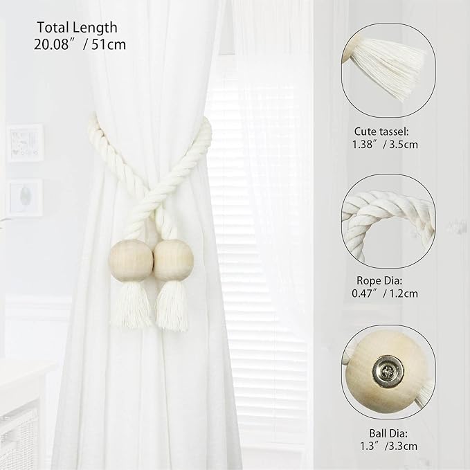 6 Pack Magnetic Curtain Tiebacks Cotton Hand Woven Tie Back Decorative Rope Holdbacks for Curtains Draperies No Tools Required, Cream