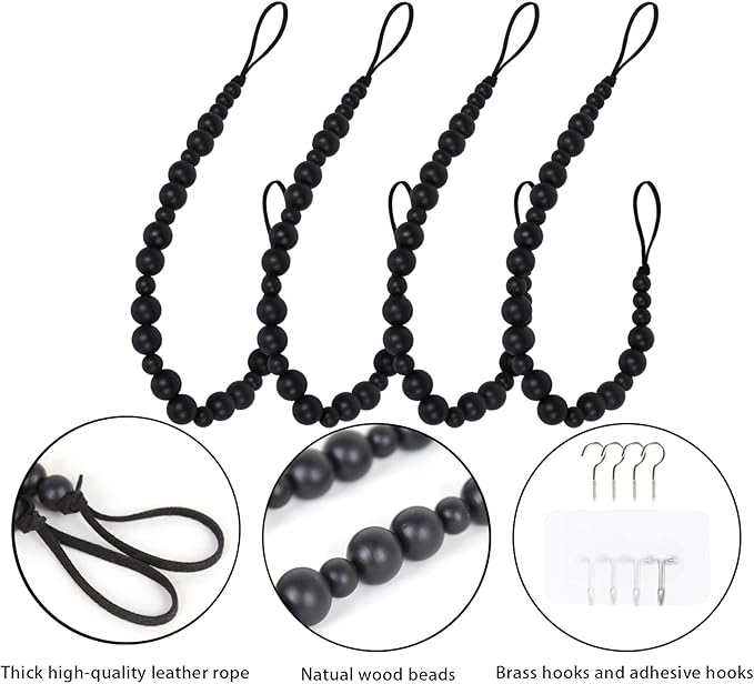 4 Pieces Wood Bead Curtain Tieback Boho Curtain Tiebacks Curtain Holdbacks for Wall Curtain Ties Window Treatment Curtain Tie Backs with Hooks for Bedroom Wall Dining(Black Color, 4)