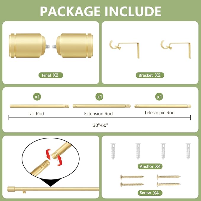 5/8” Diameter Curtain Rods 30-60 Inch, for 30-54 Inch Windows, Adjustable Splicing Gold Curtain Rods for Windows with Brackets, Window Rod Long Small Curtains Rod
