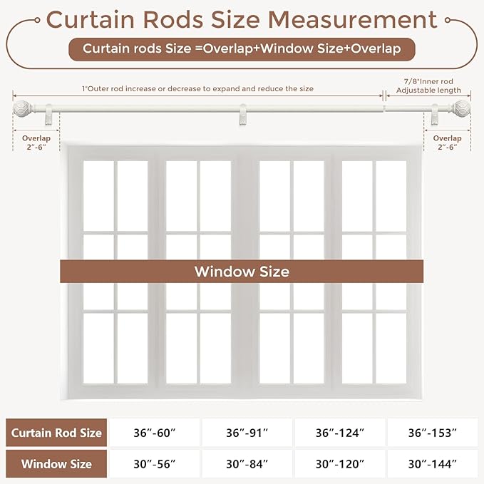2 Pack Antique White Curtain Rods for Windows 30 to 56 Inch, Adjustable Vintage Decorative 1 Inch Heavy Duty Curtain Rod, Rustic Farmhouse Drapery Pole with Boho Netted Texture Flower Finials
