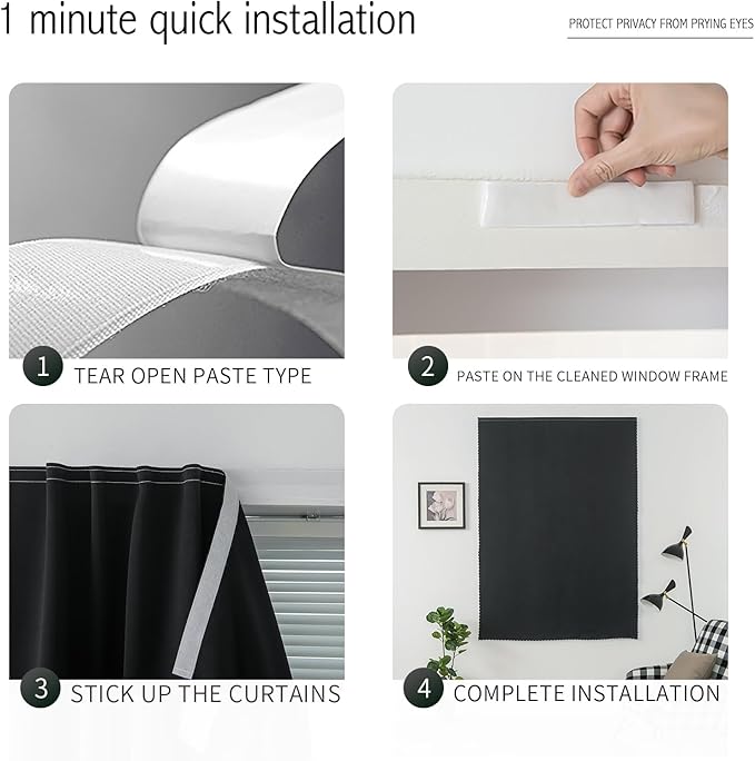 Adhesive Blackout Curtains- Self Stick Curtain No Rod Needed Easy to Hang Curtain, Use for Bedroom, Living Room, Dining Room, Kitchen, 47" W X 96" L, Black, 1 Panel