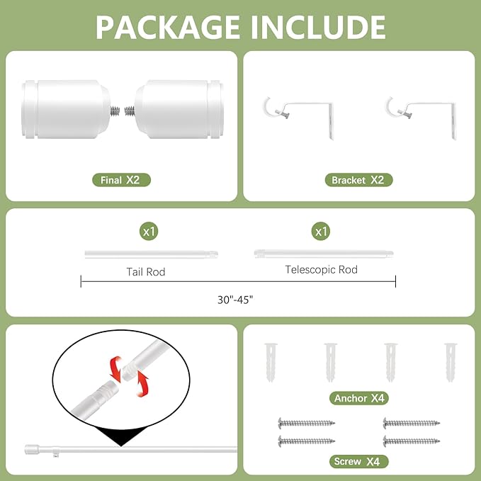 5/8” Diameter Curtain Rods 30-45 Inch, for 30-39 Inch Windows, Adjustable Splicing White Curtain Rods for Windows with Brackets, Window Rod Long Small Curtains Rod
