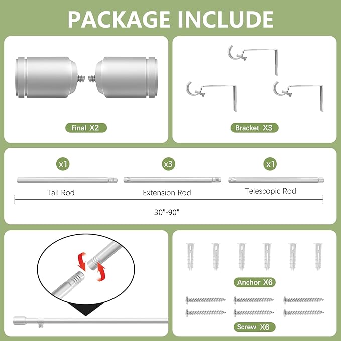 5/8” Diameter Curtain Rods 30-90 Inch, for 30-84 Inch Windows, Adjustable Splicing Silver Curtain Rods for Windows with Brackets, Window Rod Long Small Curtains Rod