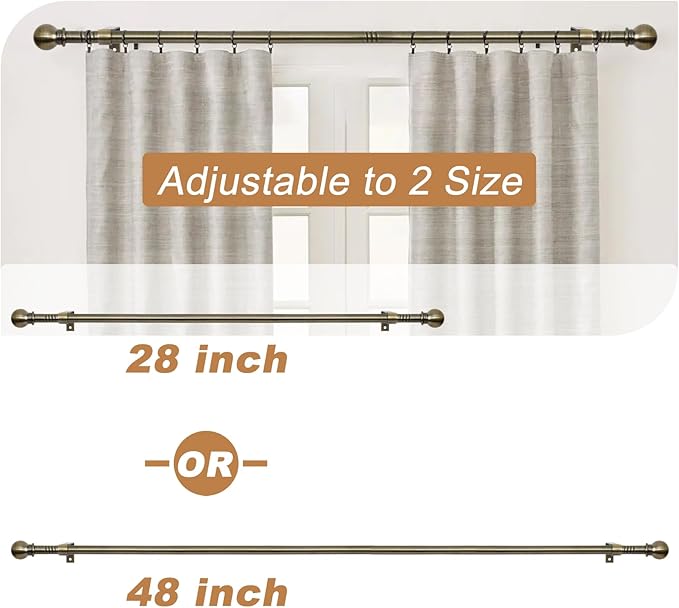 Antique Brass Curtain Rods for Windows 28 to 48 inch, 5/8 inch Small Curtain Rod Set with Brackets, Heavy Duty Drapery Rod for Bedroom, Living Room, Brushed Brass