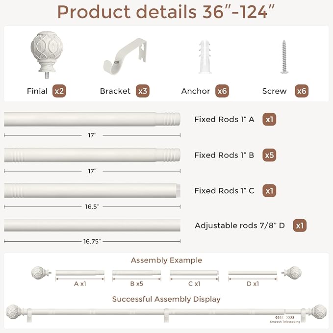 Antique White Curtain Rods for Windows 66 to 120 Inch, Adjustable Vintage Decorative 1'' Long Heavy Duty Curtain Rod, Rustic Farmhouse Drapery Pole Set with Boho Netted Texture Flower Finials