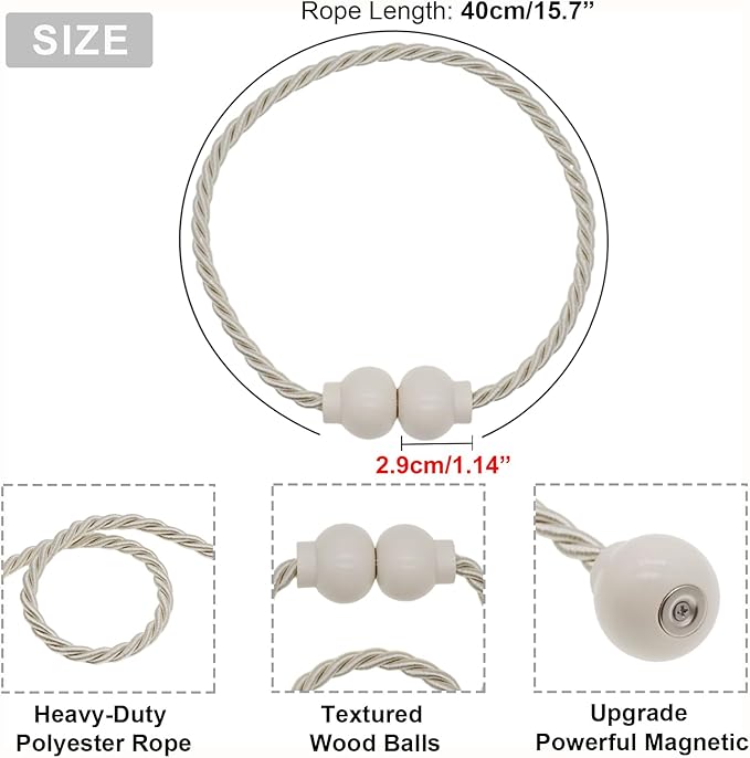 2 Pack Magnetic Curtain Tiebacks Modern Handmade Rope Curtain Tie Backs Decorative Drapes Weave Holdbacks for Home Outdoor Bedroom Office Decorative Curtain, Beige