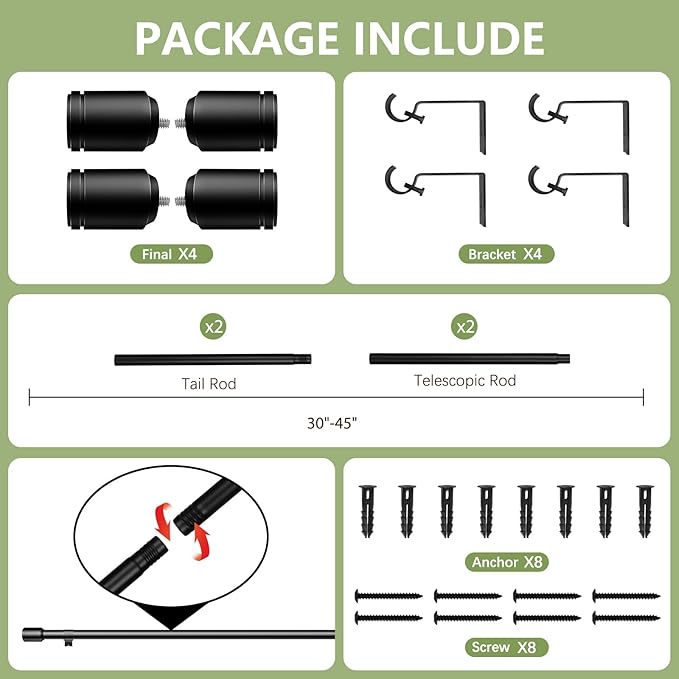 5/8” Diameter Curtain Rods 30-45 Inch, for 30-39 Inch Windows, Adjustable Splicing Black Curtain Rods for Windows with Brackets, Window Rod Long Small Curtains Rod, 2 Pack
