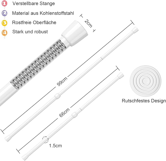 AIZESI Spring Tension Rods Adjustable Tension Curtain Rod Small Tension Rod No Drilling Expandable Spring Loaded Curtain Tension Rod（White,26" to 39"-6Pcs)