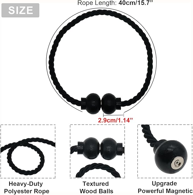 2 Pack Magnetic Curtain Tiebacks Modern Handmade Rope Curtain Tie Backs Decorative Drapes Weave Holdbacks for Home Outdoor Bedroom Office Decorative Curtain, Black
