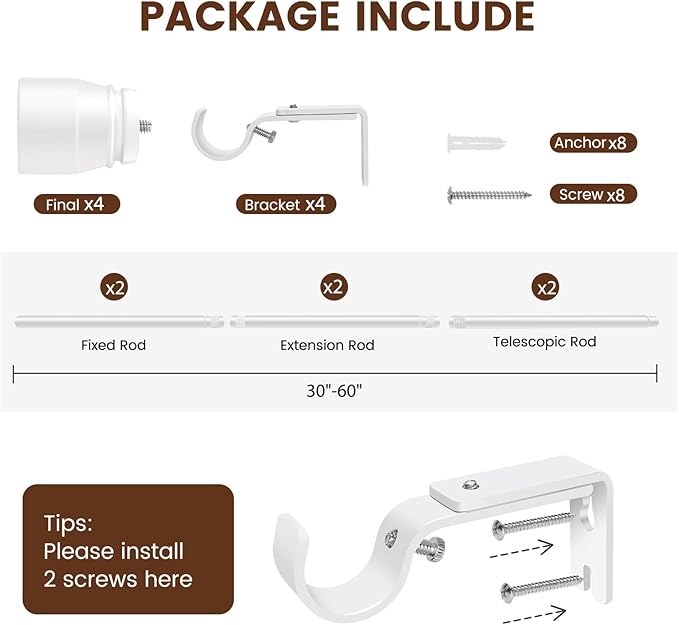 1” Diameter Curtain Rods Itself is 30 to 60 inch 2 Pack Fit 30-54 inch Window with Heavy Duty Adjustable Rod Matte White Splicing Metal Extra Long Curtain Rod for Windows