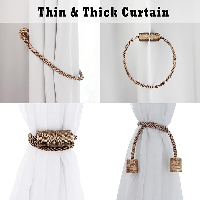 4 Pack Strong Magnetic Curtain Tiebacks Outdoor Elegant Decorative Tie Backs Modern Rope Tiebacks for Drapes Window Curtain Holdbacks for Draperies- Khaki