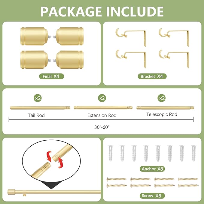 5/8” Diameter Curtain Rods 30-60 Inch, for 30-54 Inch Windows, Adjustable Splicing Gold Curtain Rods for Windows with Brackets, Window Rod Long Small Curtains Rod, 2 Pack