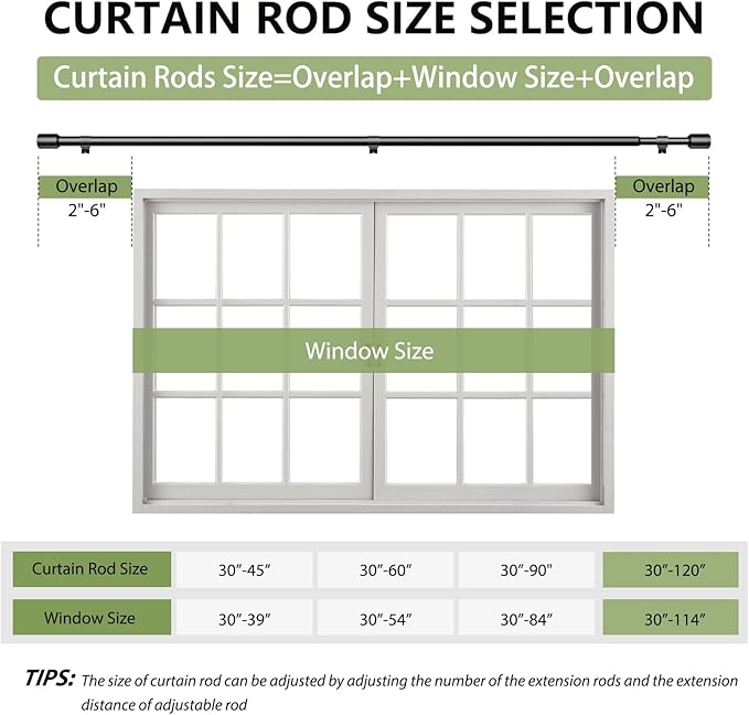 5/8” Diameter Curtain Rods 30-120 Inch, for 30-114 Inch Windows, Adjustable Splicing Black Curtain Rods for Windows with Brackets, Window Rod Long Small Curtains Rod, 2 Pack