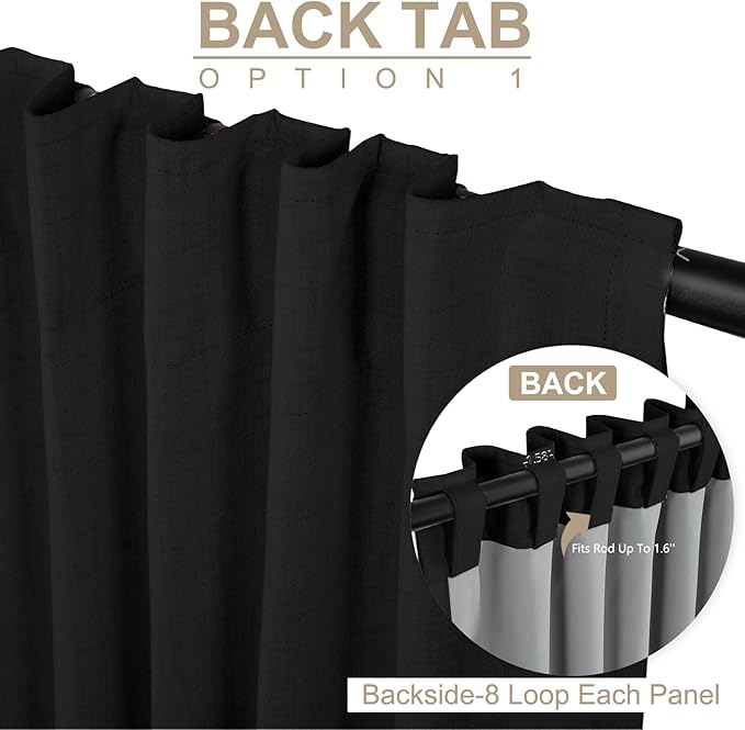 100% Blackout Shield Linen Blackout Curtains for Bedroom 84 Inches Long, Back Tab/Rod Pocket Living Room Drapes, Thermal Insulated Blackout Curtains 1 Panel Set, 100" W x 84" L, Black