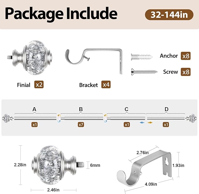 7/8 inch Curtain Rods for Windows 66 to 120 Inch, USFOOK Telescoping Splicing Drapery Rods, Decoration for Home with Silver Decorative Translucent Finials