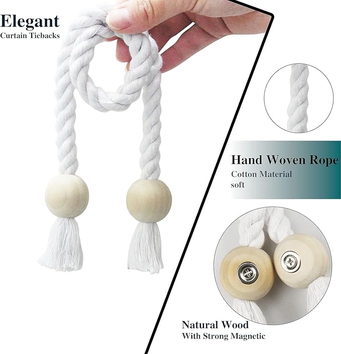 4 Pack Magnetic Curtain Tiebacks Cotton Hand Woven Tie Back Decorative Rope Holdbacks for Curtains Draperies No Tools Required, White