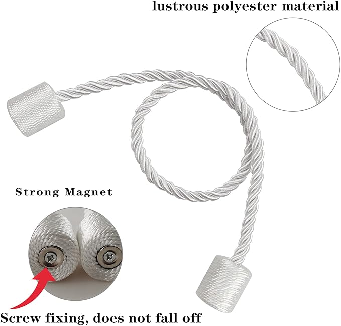4 Pack White Strong Magnetic Curtain Tiebacks Outdoor Elegant Decorative Tie Backs Modern Rope Tiebacks for Drapes Window Curtain Holdbacks for Draperies