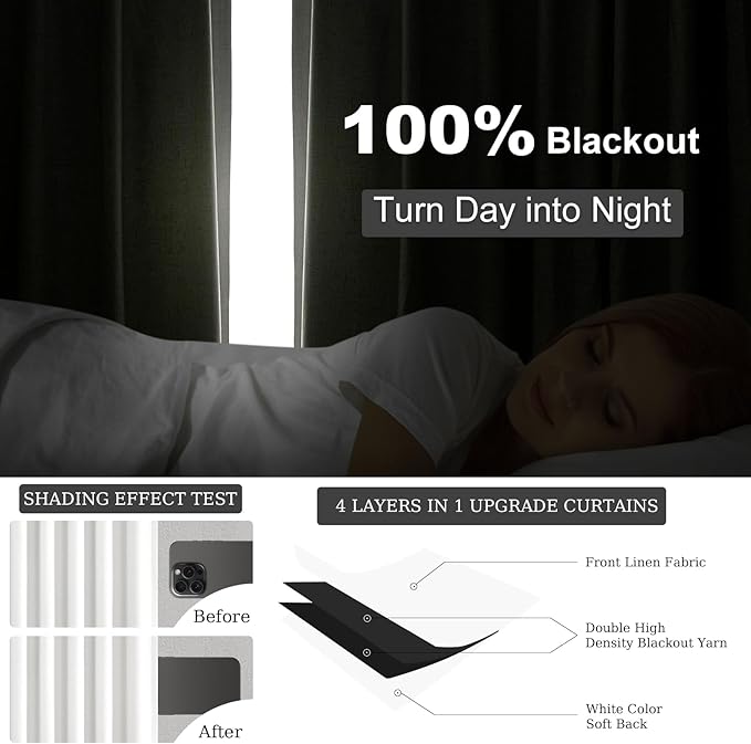 96 inch long Linen blackout curtains 2 Panels 100% Black out Linen texture Curtains ivory white Window Drapes with Back Tab Rod Pocket Mordern vintage Curtains Panel for Bedroom Living Room 8FT
