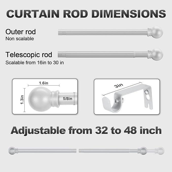 2 Pack Silver Curtain Rods for Bedroom with Brackets,5/8 Inch Diameter Small Window Curtain Rod Adjustable 32 to 48 Inches,Easy Install Drapery Rods,Gray
