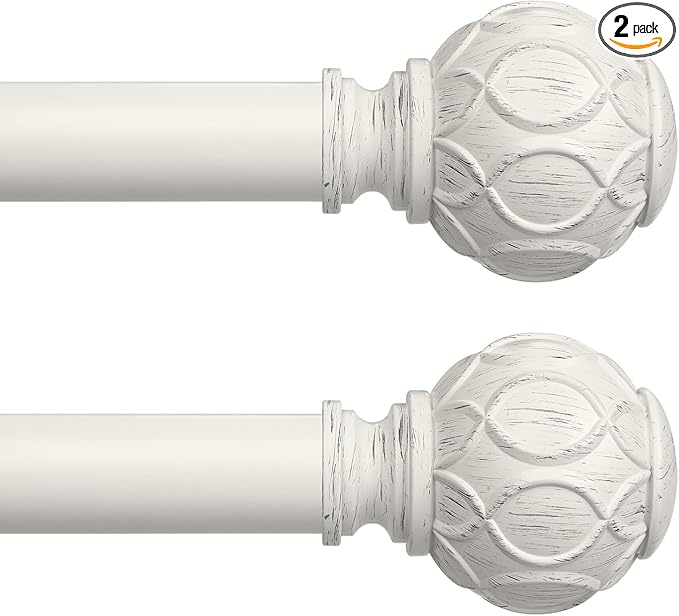 2 Pack Antique White Curtain Rods for Windows 48 to 84 Inch, Adjustable Vintage Decorative 1 Inch Heavy Duty Curtain Rod, Rustic Farmhouse Drapery Pole with Boho Netted Texture Flower Finials