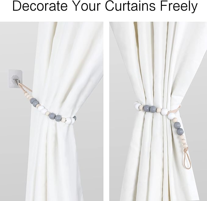 2 Pieces Wood Bead Curtain Tieback Boho Curtain Tiebacks Curtain Holdbacks for Wall Curtain Ties Window Treatment Curtain Tie Backs with Hooks for Nursery Decor Boho Decor(White, Grey, Wood Color, 2)