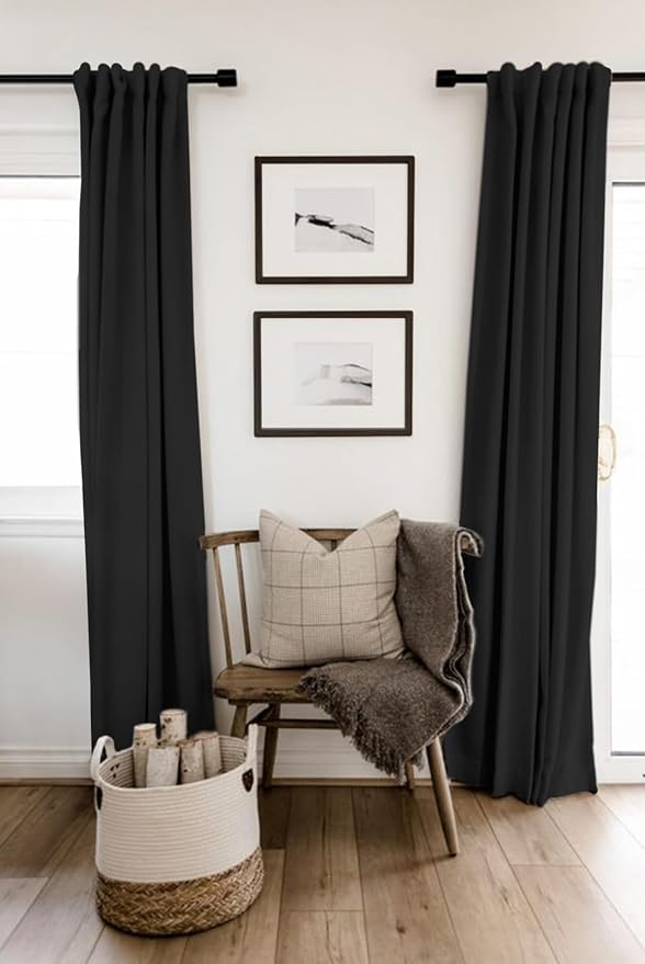 100% Blackout Shield Linen Blackout Curtains for Bedroom 84 Inches Long, Back Tab/Rod Pocket Living Room Drapes, Thermal Insulated Blackout Curtains 2 Panels Set, 50" W x 84" L, Black