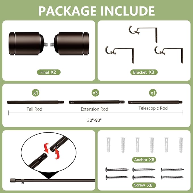 5/8” Diameter Bronze Curtain Rods 30-90 Inch, for 30-84 Inch Windows, Adjustable Splicing Antique Bronze Curtain Rods for Windows with Brackets, Window Rod Long Small Dark Brown Curtains Rod