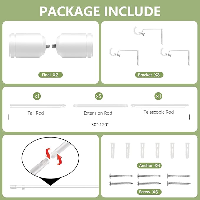 5/8” Diameter Curtain Rods 30-120 Inch, for 30-114 Inch Windows, Adjustable Splicing White Curtain Rods for Windows with Brackets, Window Rod Long Small Curtains Rod