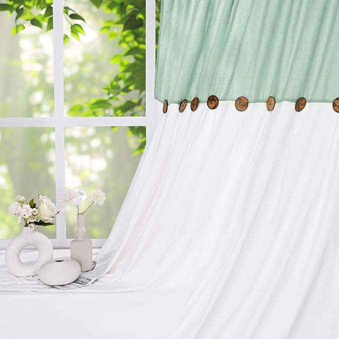 FRAMICS Farmhouse Cotton Linen Curtains for Living Room, Boho Button Curtains 63 Inch Length, Sage Green Rustic Country Linen Window Curtains for Bedroom, Rod Pocket Curtains & Drapes, 52 x 63 Inch