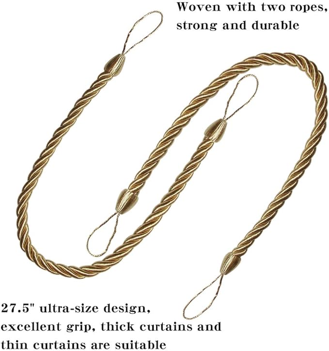 BEL AVENIR Curtain Rope Tiebacks, Drapery Rope Holdbacks with 4 Metal Screw Hooks, 2 Pair - Golden