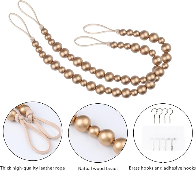 2 Pieces Wood Bead Curtain Tieback Boho Curtain Tiebacks Curtain Holdbacks for Wall Curtain Ties Window Treatment Curtain Tie Backs with Hooks Curtain Pull Backs (Gold,2)