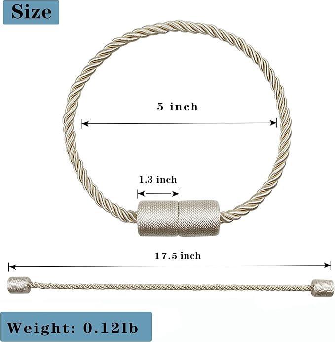 4 Pack Strong Magnetic Curtain Tiebacks Outdoor Elegant Decorative Tie Backs Modern Rope Tiebacks for Drapes Window Curtain Holdbacks for Draperies- Beige
